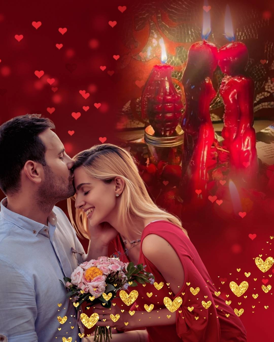 Hombre besando a su pareja con ramo de flores y velas de amor para endulzamientos si sientes que tu relación se ha enfriado.